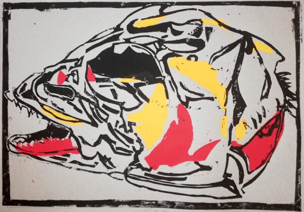 Gerrit Marsen: Corona-Fisch. Dreifarbiger Linolschnitt, 52 x 42 cm, April 2020